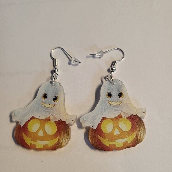Retro Halloween Ghost on Pumpkin Cartoon Style Acrylic Dangle Earrings - Picture 2 of 6